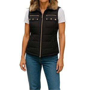Casual Identity Lightweight Quilted Women Black Detachable Fur-Collar Vest Sz M